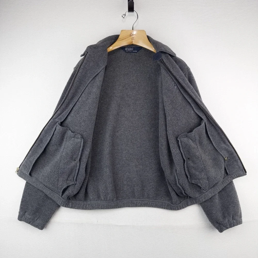 90's Vtg Polo Ralph Lauren Men's S Fleece Chin Strap Harrington Jacket Gray